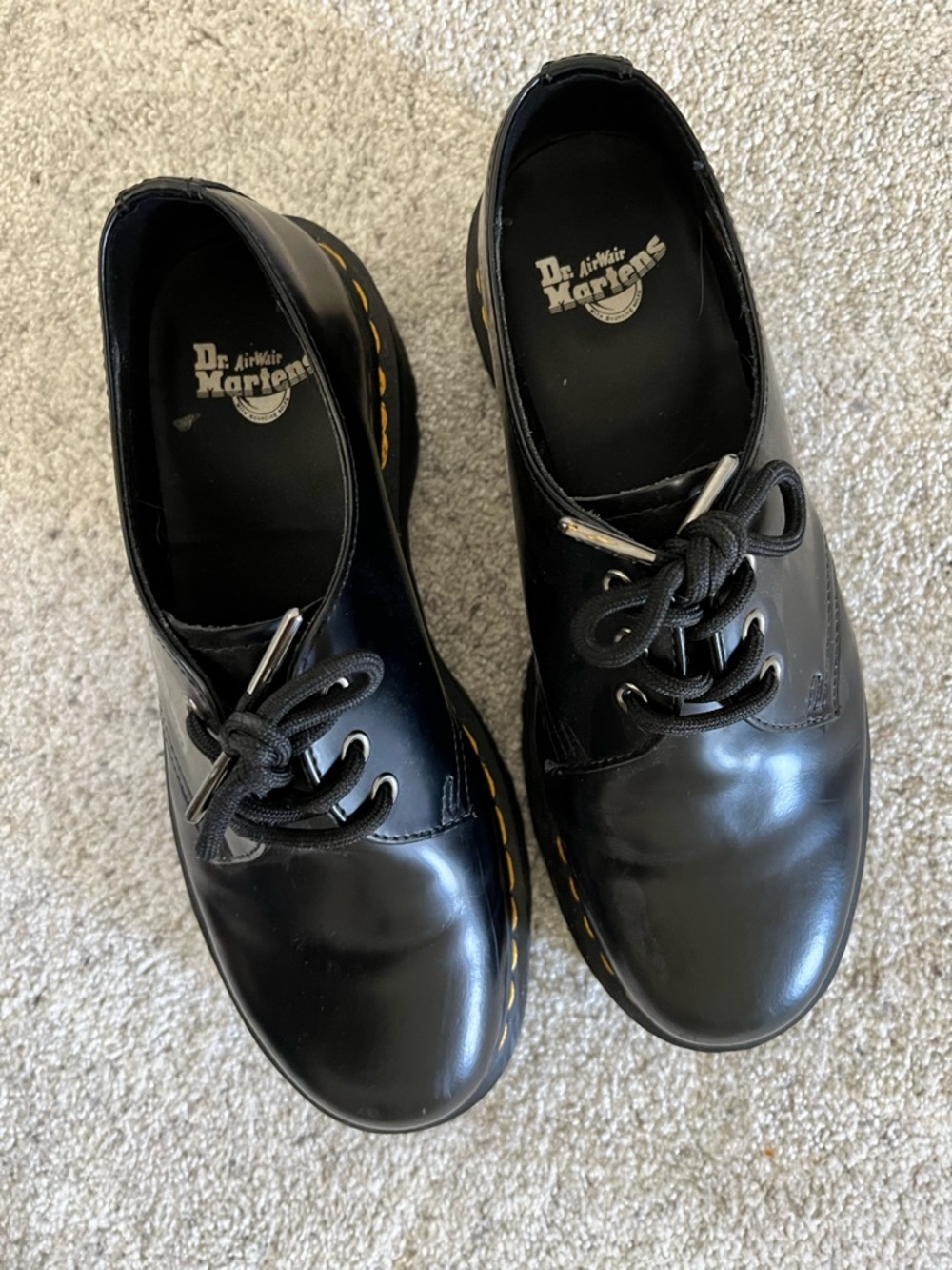 Dr. Martens Black Platform Derby Shoes with Yellow Stitching - Picture 2 of 2